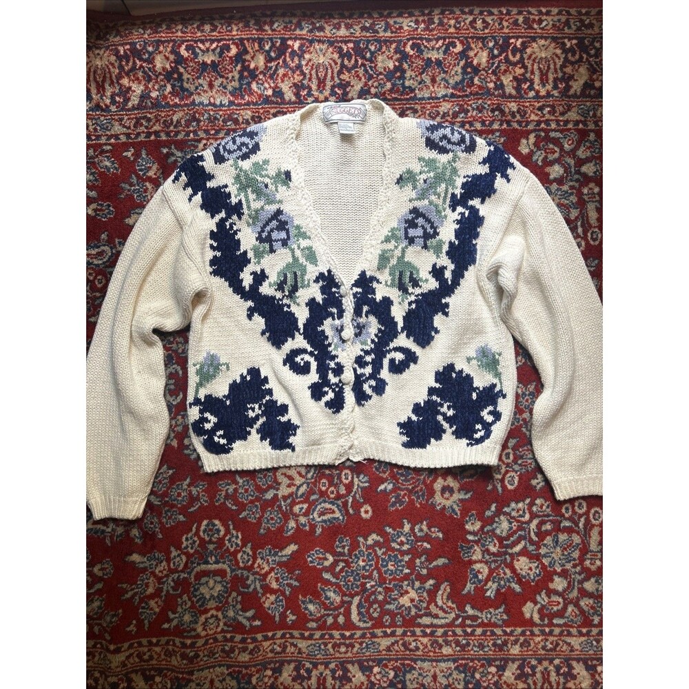 Vintage Cardigan Sweater Womens Large Floral Fringe Cottagecore 90s